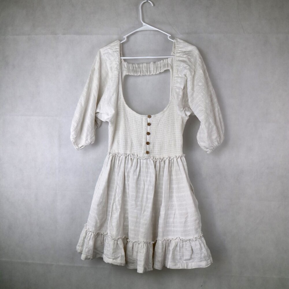 Free People Dress Size Medium White Endless Summer Smocked Puff Sleeve Boho